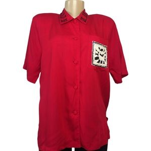 Vintage 80s Surya Red Roman Numeral Sequin Blouse